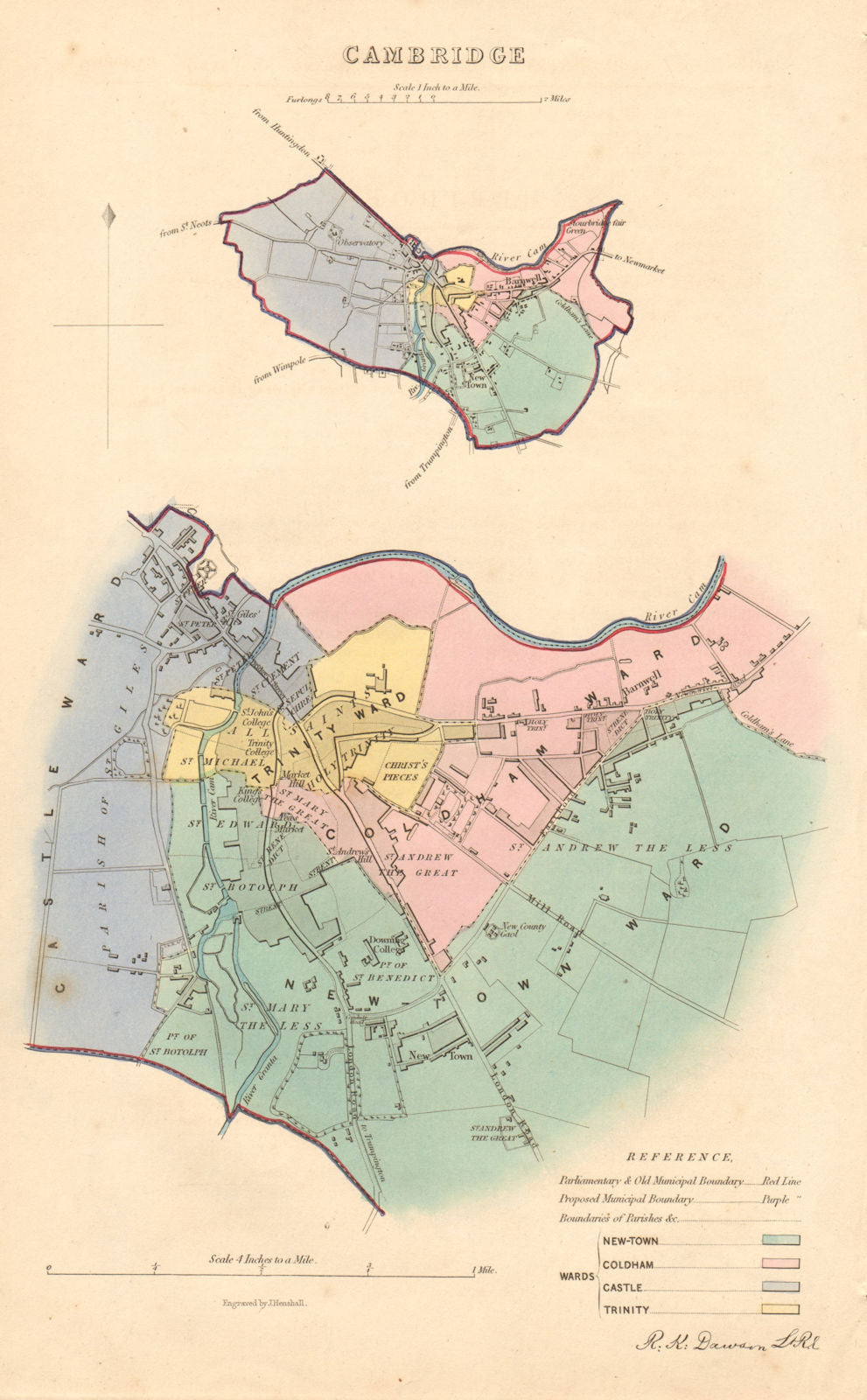 CAMBRIDGE borough/town plan. BOUNDARY REVIEW. Cambridgeshire. DAWSON 1837 map